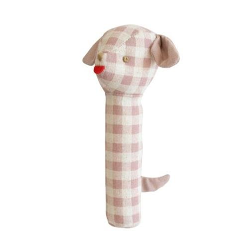 Alimrose Puppy Stick Rattle Rose Check Linen