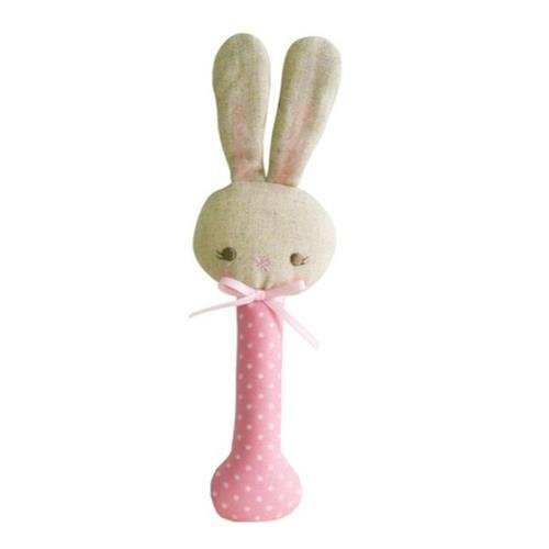 Alimrose Baby Bunny Stick Rattle Pink White Spot