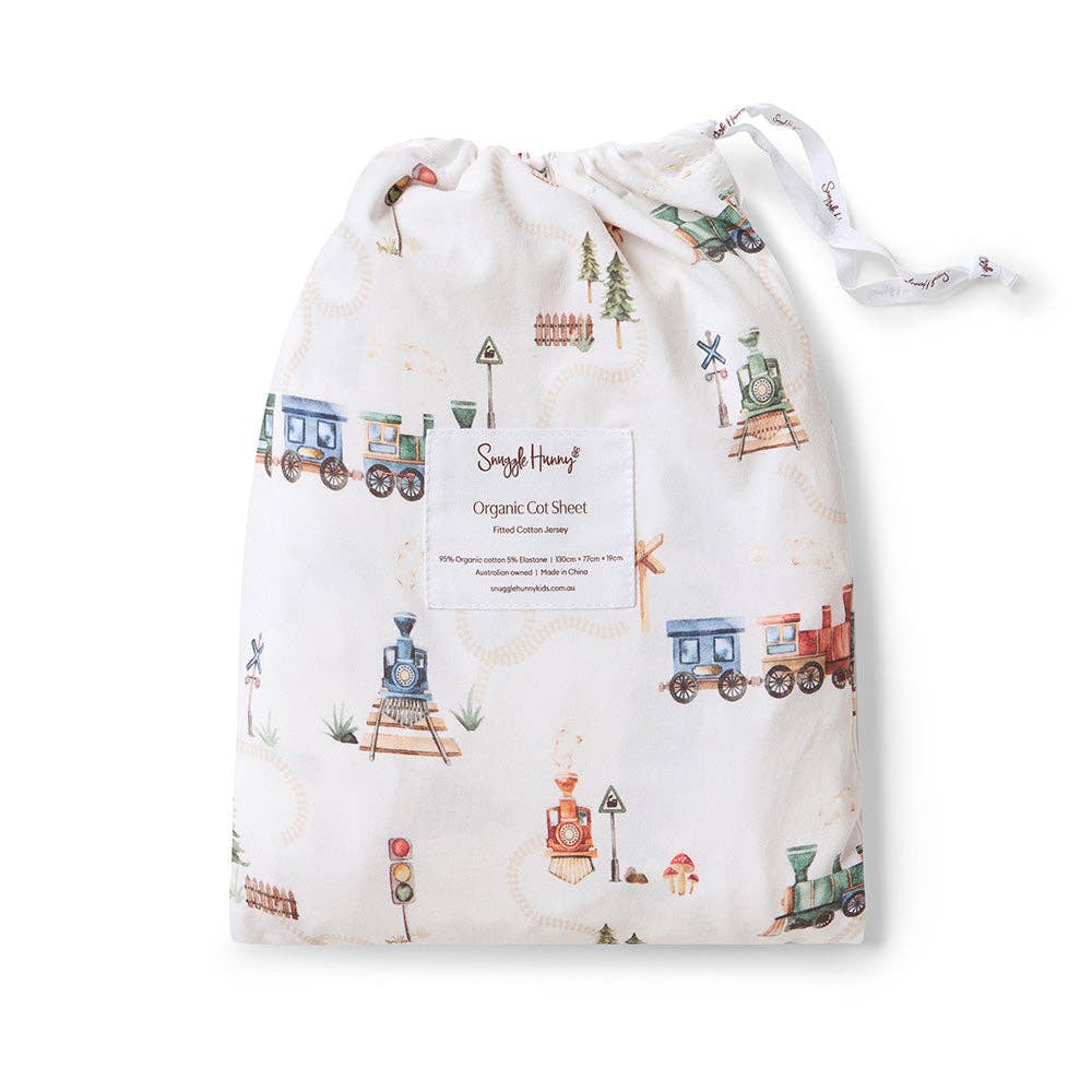 Snuggle Hunny | Organic Fitted Cot Sheet | Trains