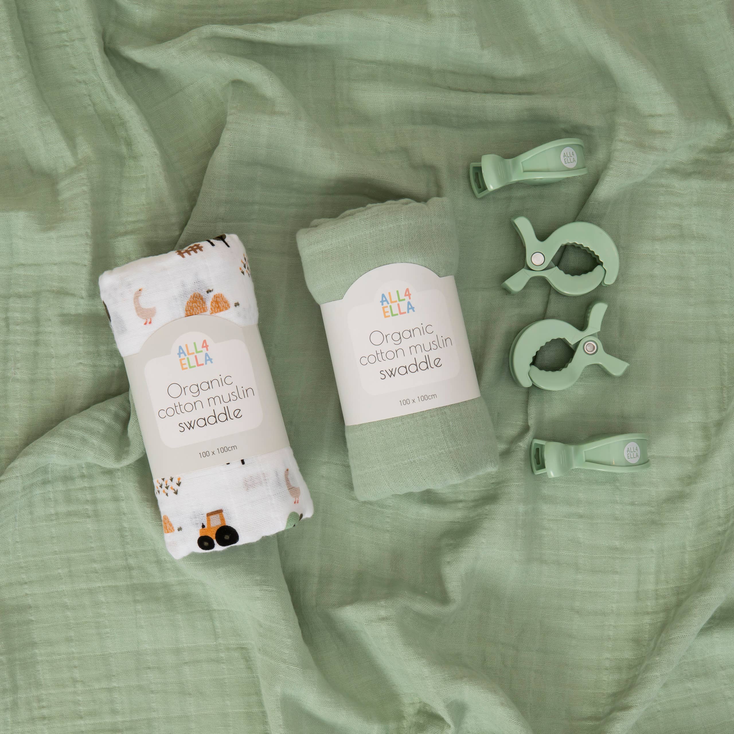 All4Ella | Organic Swaddles & 4 Pegs Gift Set | Country Farm
