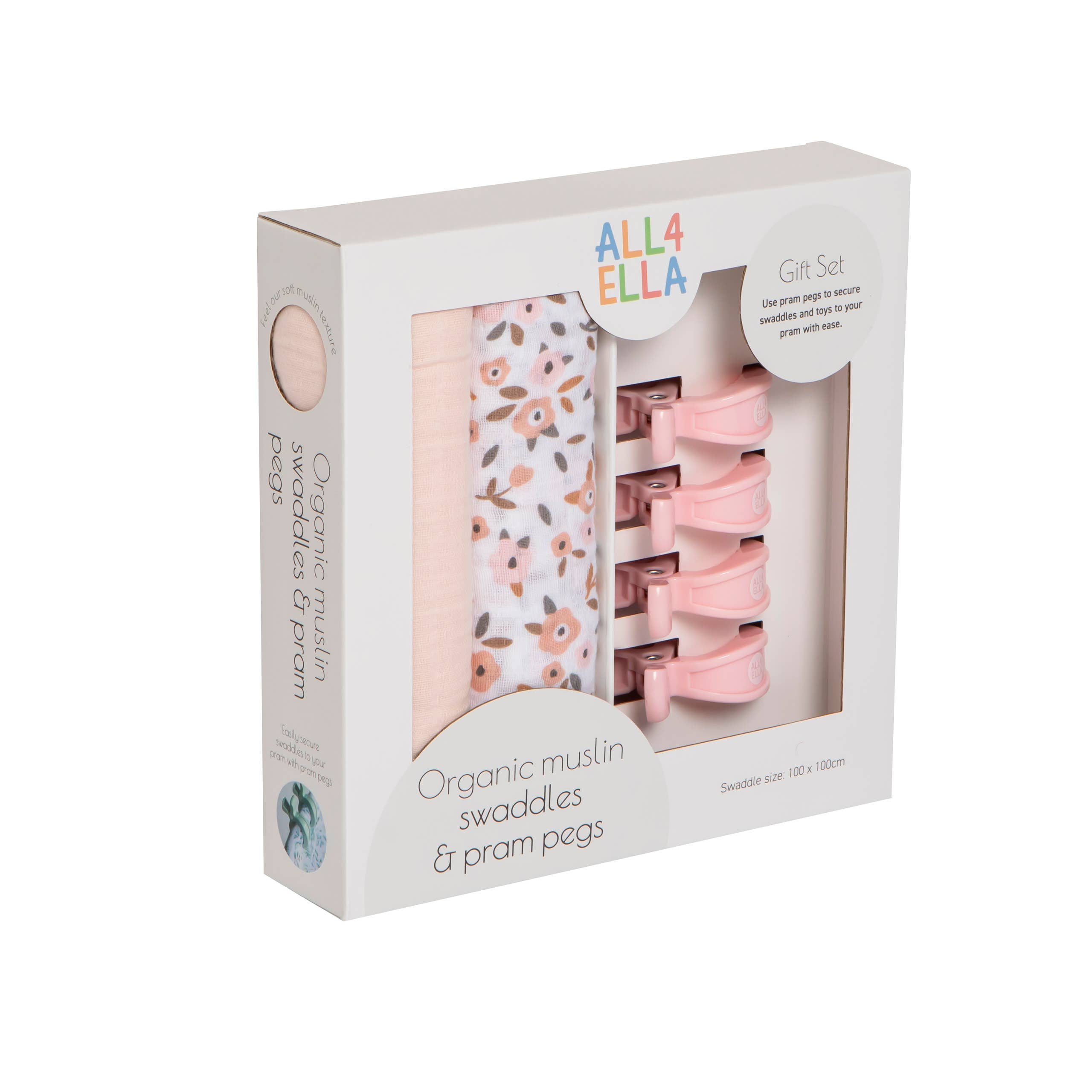 All4Ella | Organic Swaddles & 4 Pegs Gift Set | Floral Bouquet