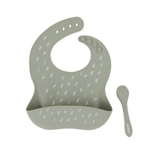 All 4 Ella Silicone Bib with Spoon Olive