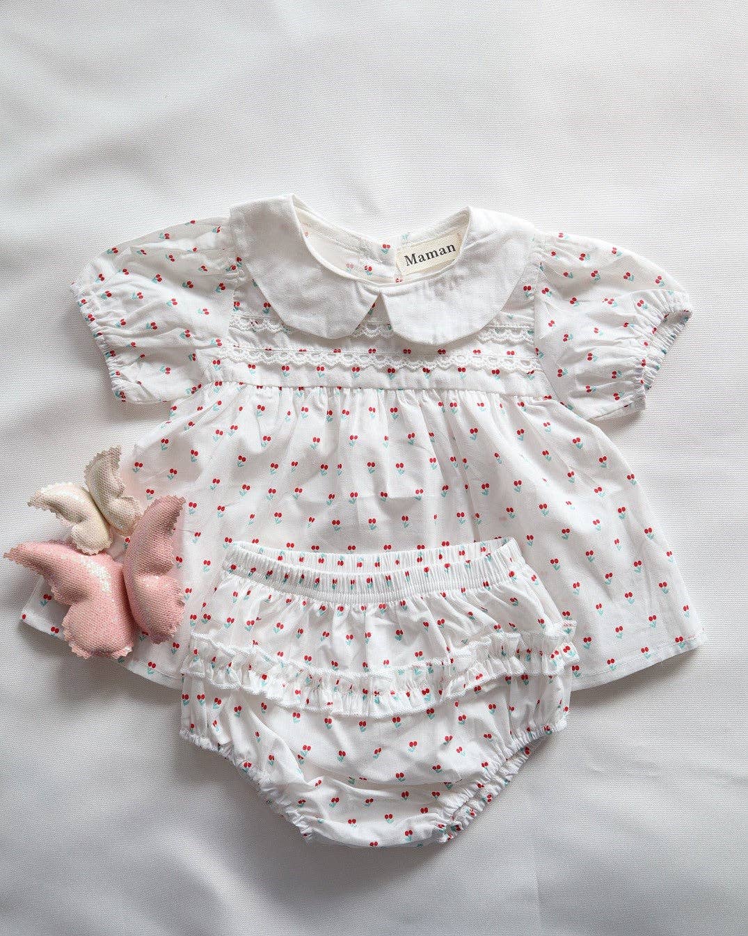 Maman | 2Pcs Set Baby Girls Cherry Print Collar Top and Shorts