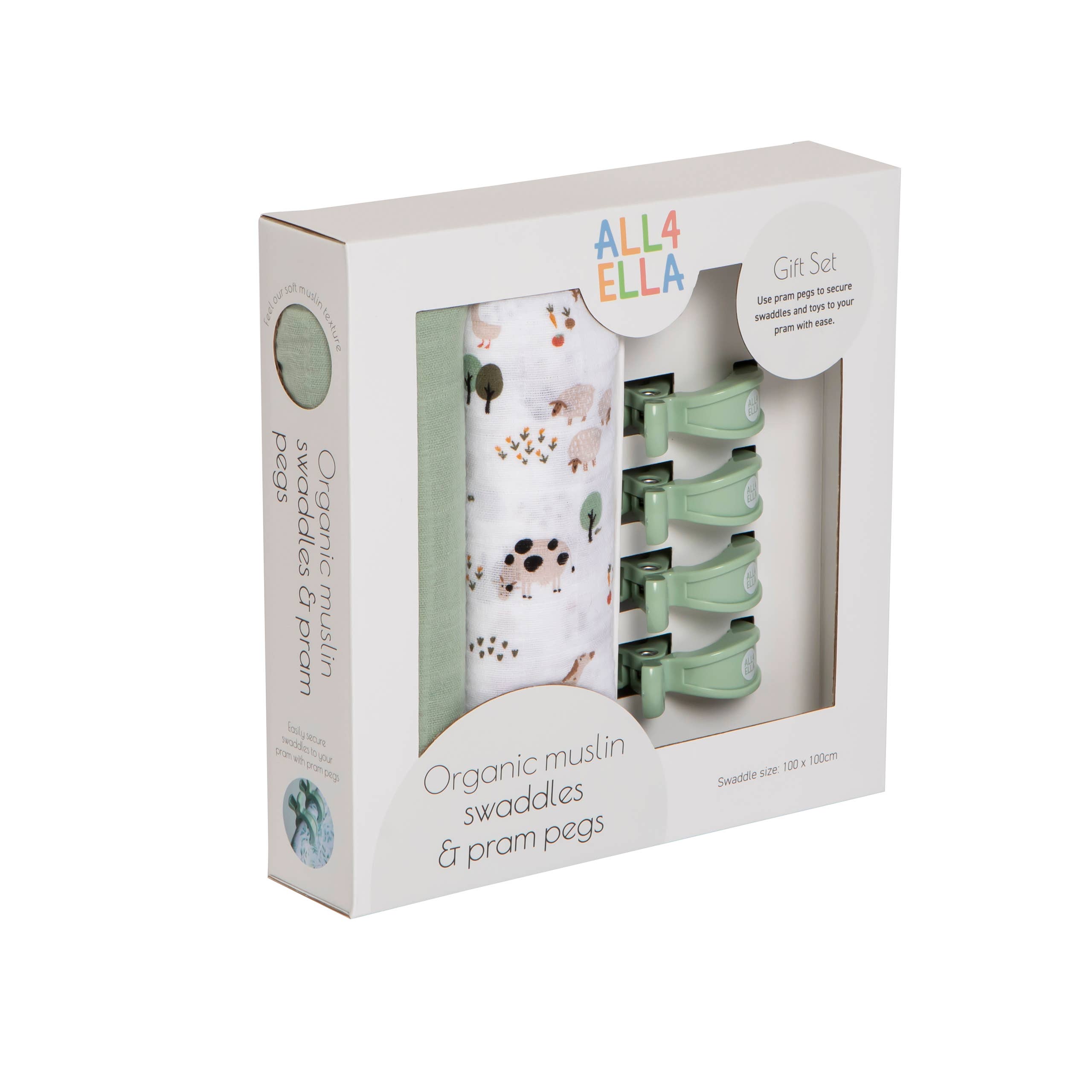 All4Ella | Organic Swaddles & 4 Pegs Gift Set | Country Farm