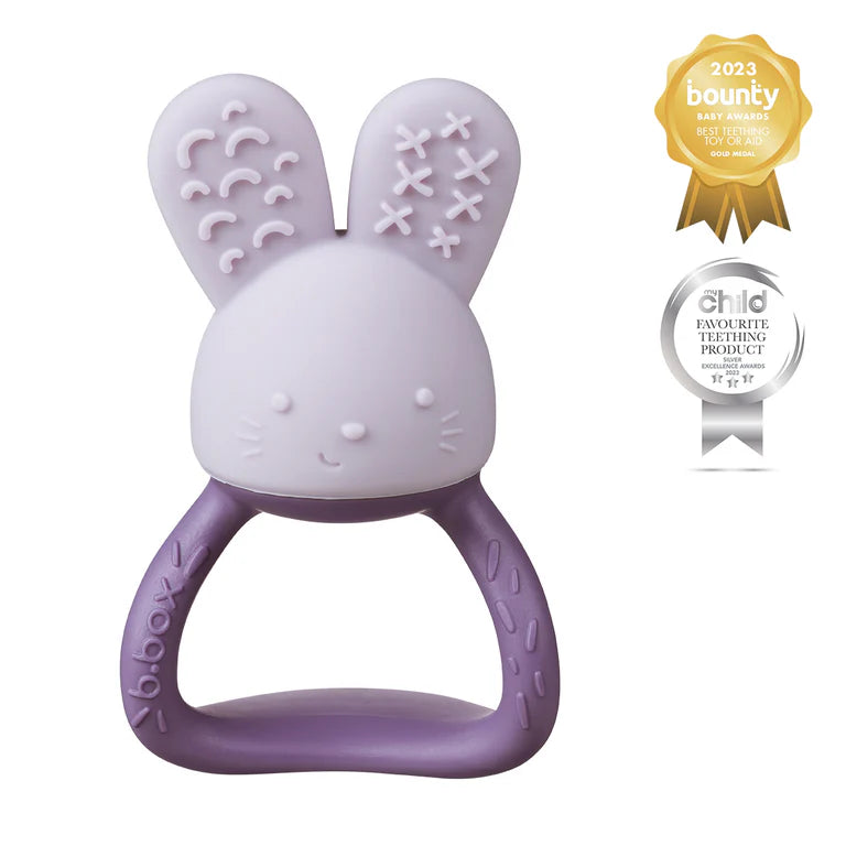 B.box Chill‑Fill teether in peony pink – BPA‑free silicone chew toy with cool‑touch inners and easy‑grip rings