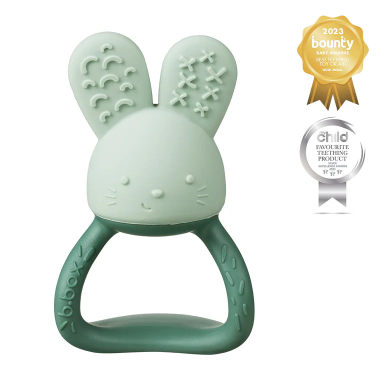 B.box Chill‑Fill teether in sage green – BPA‑free silicone chew toy with cool‑touch inners and easy‑grip rings