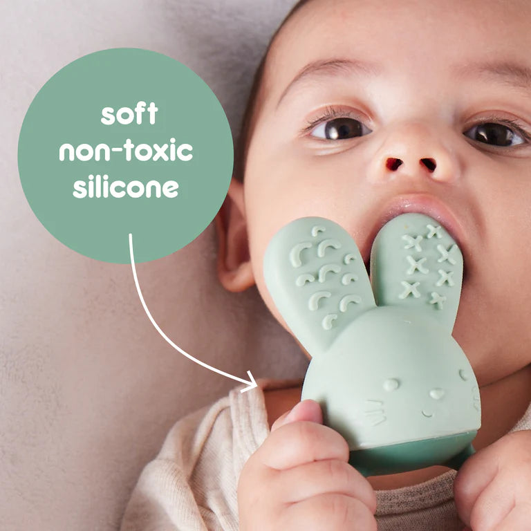 B.box Chill‑Fill teether in sage green – BPA‑free silicone chew toy with cool‑touch inners and easy‑grip rings