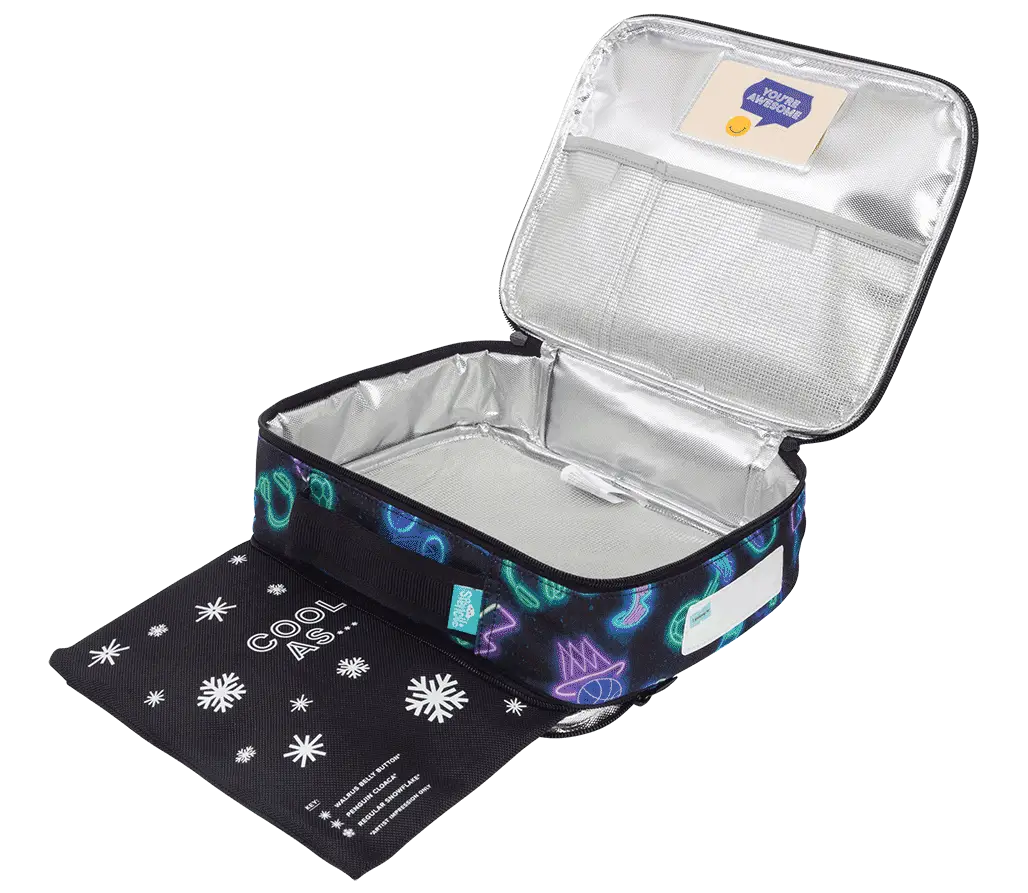 Spencil neon pattern insulated cooler lunch bag with chill pack – large kids’ lunch tote with silver lining, name card pocket and padded handle