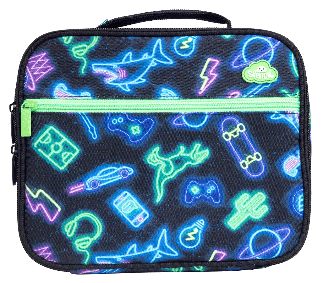 Spencil neon pattern insulated cooler lunch bag with chill pack – large kids’ lunch tote with silver lining, name card pocket and padded handle