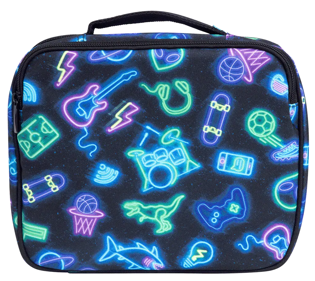 Spencil neon pattern insulated cooler lunch bag with chill pack – large kids’ lunch tote with silver lining, name card pocket and padded handle