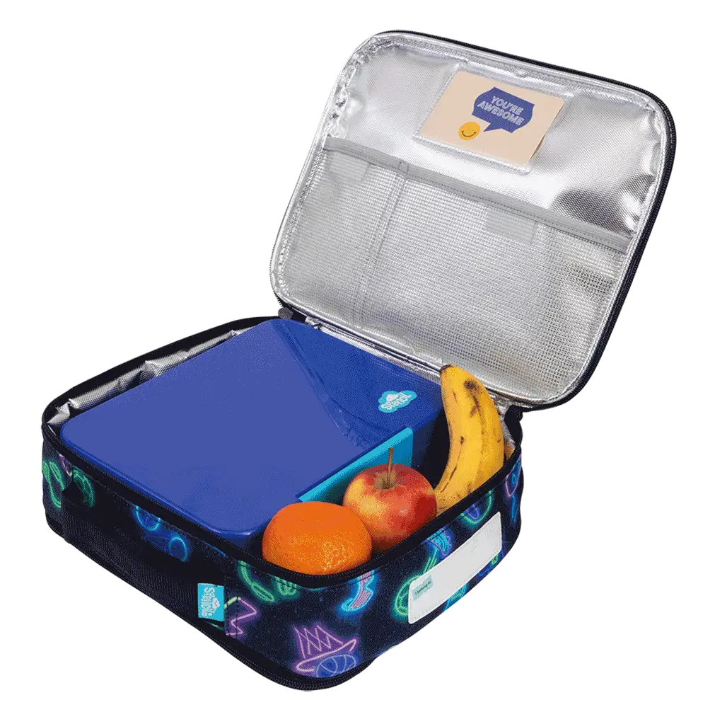 Spencil neon pattern insulated cooler lunch bag with chill pack – large kids’ lunch tote with silver lining, name card pocket and padded handle