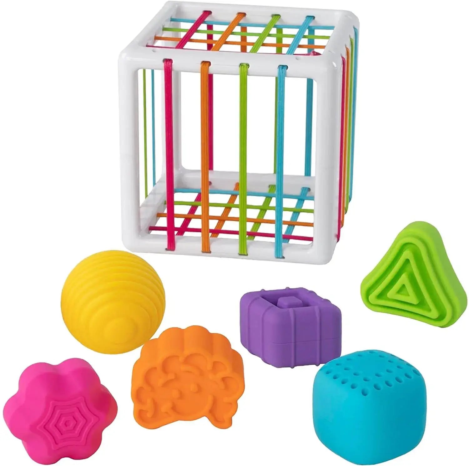 Fat Brain Toys InnyBin – sensory shape‑exploration cube with six chunky, textured blocks (cube, diamond, sphere, triangle, flower, logo) and elastic bands for frustration‑free fine motor play