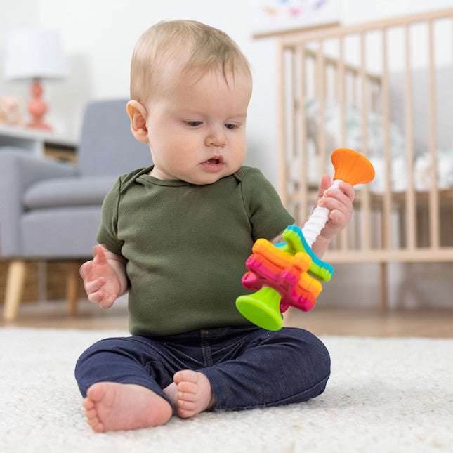 Fat Brain Toys MiniSpinny sensory propeller tower – three vibrant spectral-colour discs that spin down a corkscrew pole, designed to engage toddlers aged 10 months + in tactile play, early counting and colour recognition