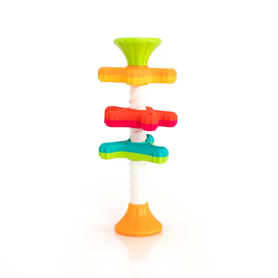 Fat Brain Toys MiniSpinny sensory propeller tower – three vibrant spectral-colour discs that spin down a corkscrew pole, designed to engage toddlers aged 10 months + in tactile play, early counting and colour recognition