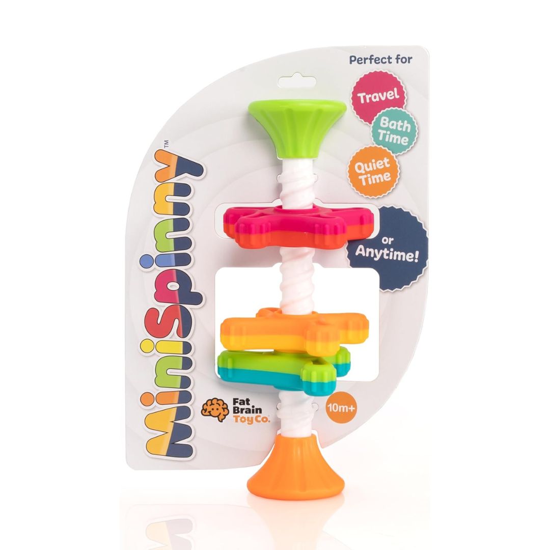 Fat Brain Toys MiniSpinny sensory propeller tower – three vibrant spectral-colour discs that spin down a corkscrew pole, designed to engage toddlers aged 10 months + in tactile play, early counting and colour recognition