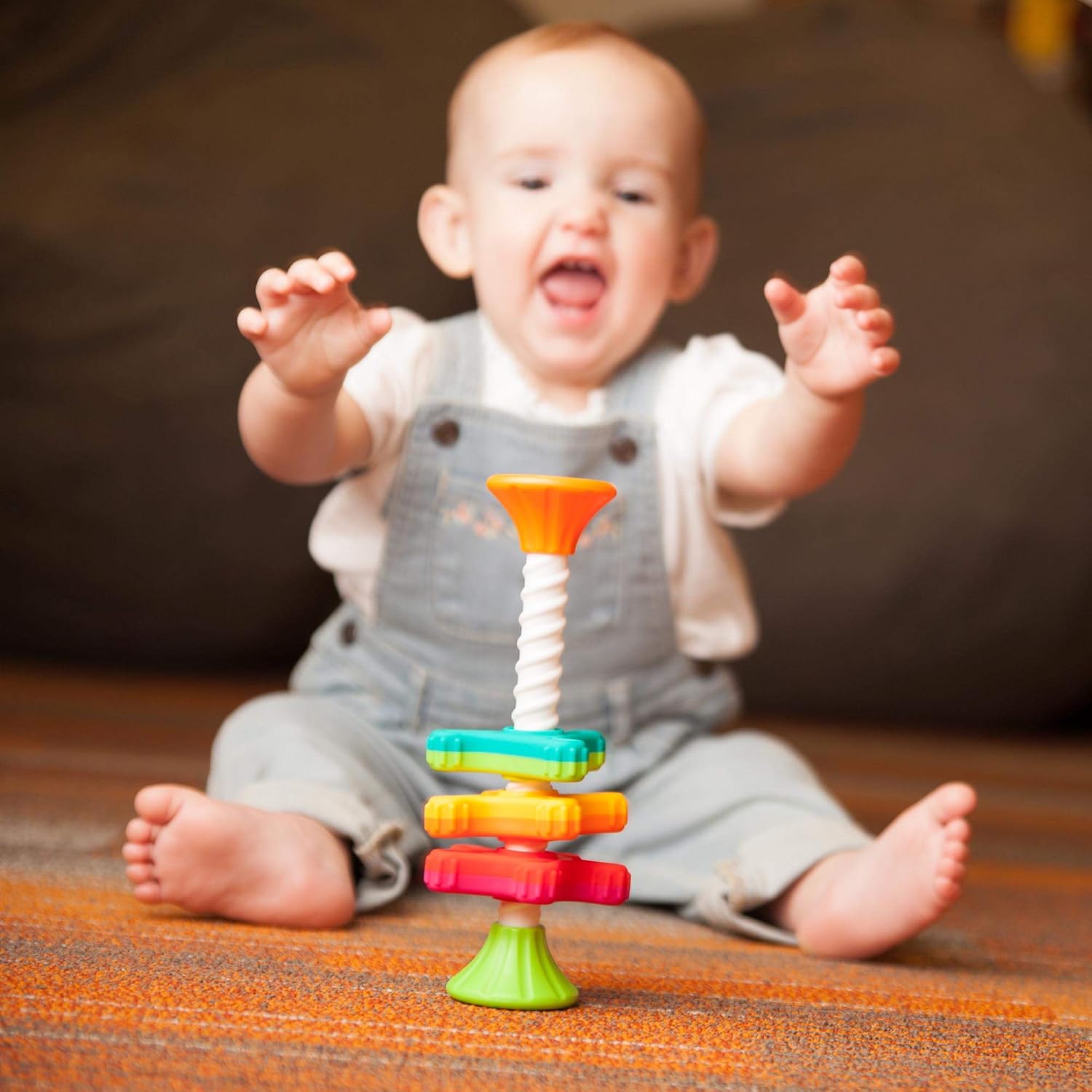 Fat Brain Toys MiniSpinny sensory propeller tower – three vibrant spectral-colour discs that spin down a corkscrew pole, designed to engage toddlers aged 10 months + in tactile play, early counting and colour recognition