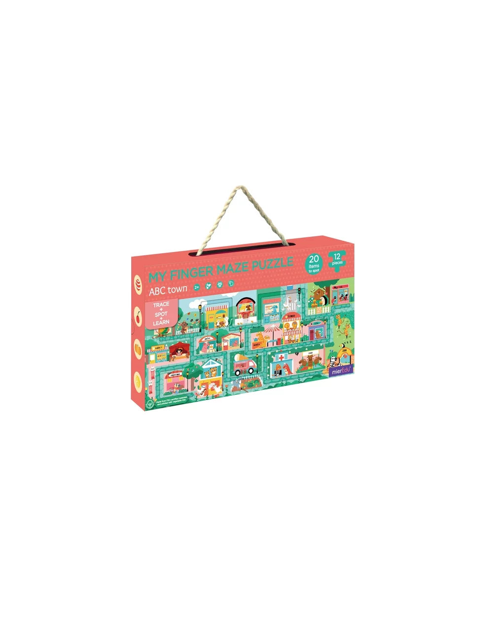 MierEdu My Finger Maze Puzzle ABC Town – children’s interactive finger-maze puzzle featuring a colourful ABC town scene with 12 chunky jigsaw pieces, hidden-object spotting game of 20 items, designed to encourage sensory play and fine motor skills development