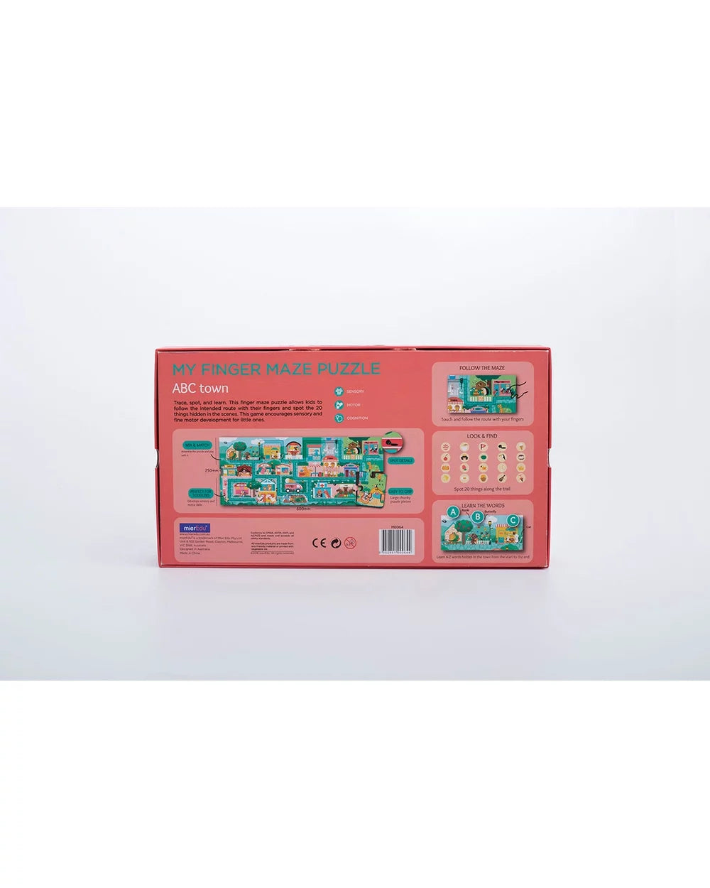 MierEdu My Finger Maze Puzzle ABC Town – children’s interactive finger-maze puzzle featuring a colourful ABC town scene with 12 chunky jigsaw pieces, hidden-object spotting game of 20 items, designed to encourage sensory play and fine motor skills development