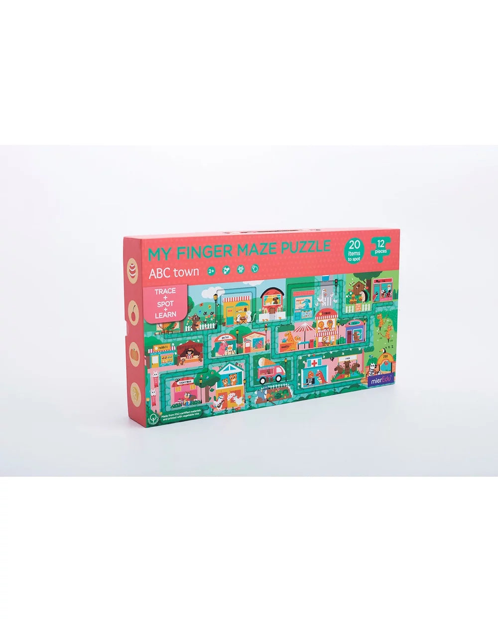 MierEdu My Finger Maze Puzzle ABC Town – children’s interactive finger-maze puzzle featuring a colourful ABC town scene with 12 chunky jigsaw pieces, hidden-object spotting game of 20 items, designed to encourage sensory play and fine motor skills development