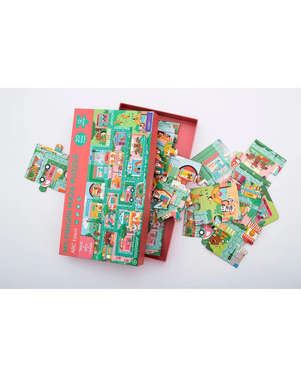 MierEdu My Finger Maze Puzzle ABC Town – children’s interactive finger-maze puzzle featuring a colourful ABC town scene with 12 chunky jigsaw pieces, hidden-object spotting game of 20 items, designed to encourage sensory play and fine motor skills development