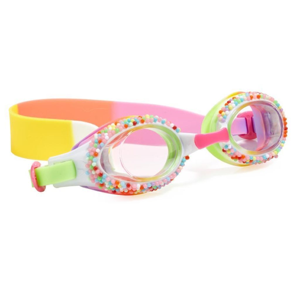 Bling2o Take‑A‑Dip N‑Dots “Birthday Cake” yellow goggles – kids’ silicone swim goggles with sprinkle‑dot design, anti‑fog UV‑protected lenses, adjustable strap and hard case