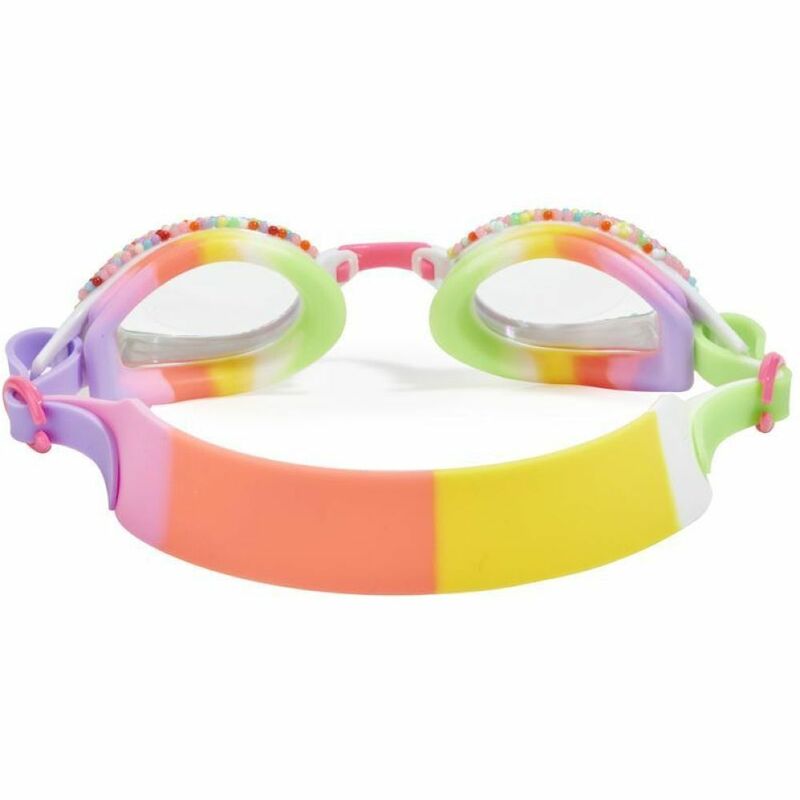 Bling2o Take‑A‑Dip N‑Dots “Birthday Cake” yellow goggles – kids’ silicone swim goggles with sprinkle‑dot design, anti‑fog UV‑protected lenses, adjustable strap and hard case