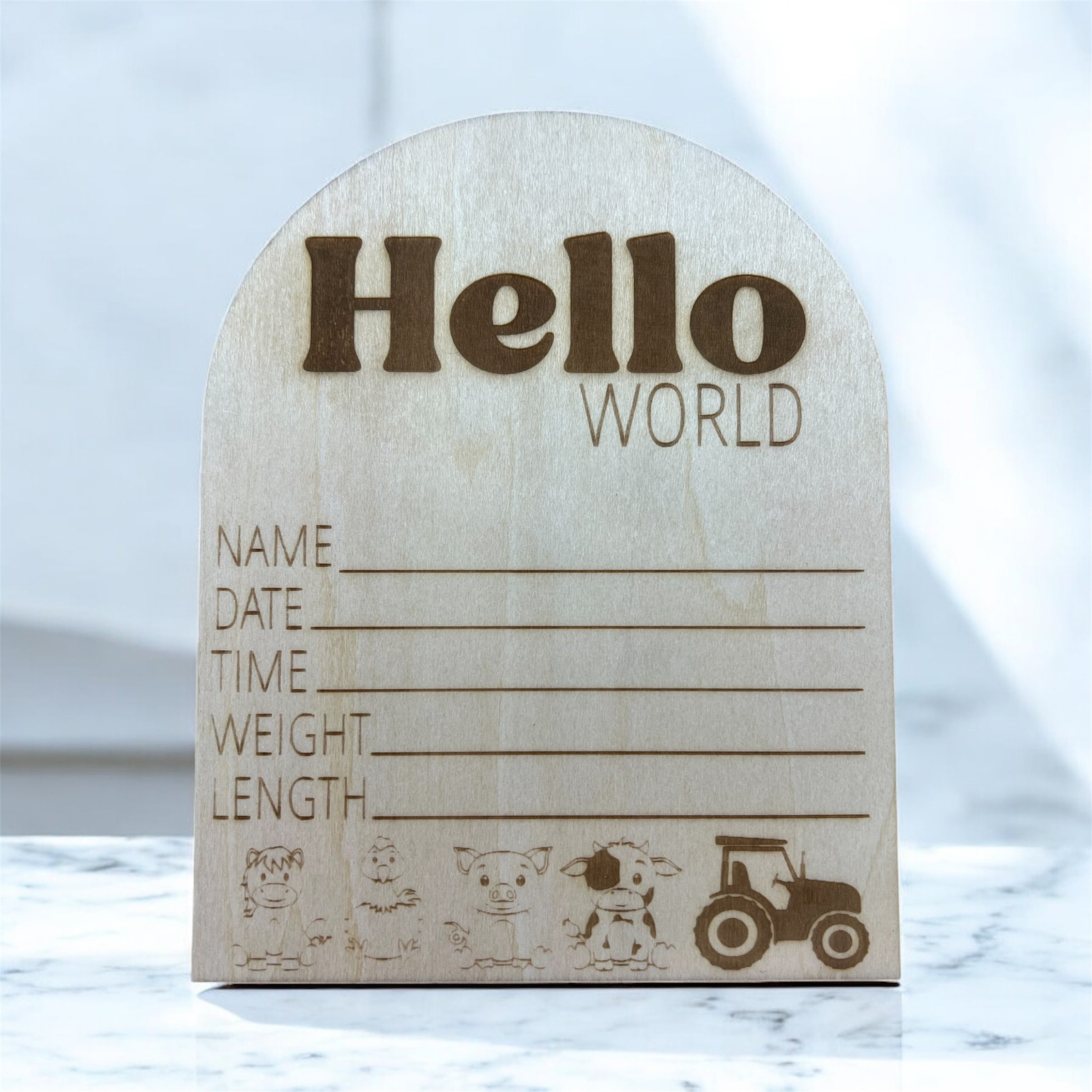 Hello World Wooden Farm Birth Announcement Plaque