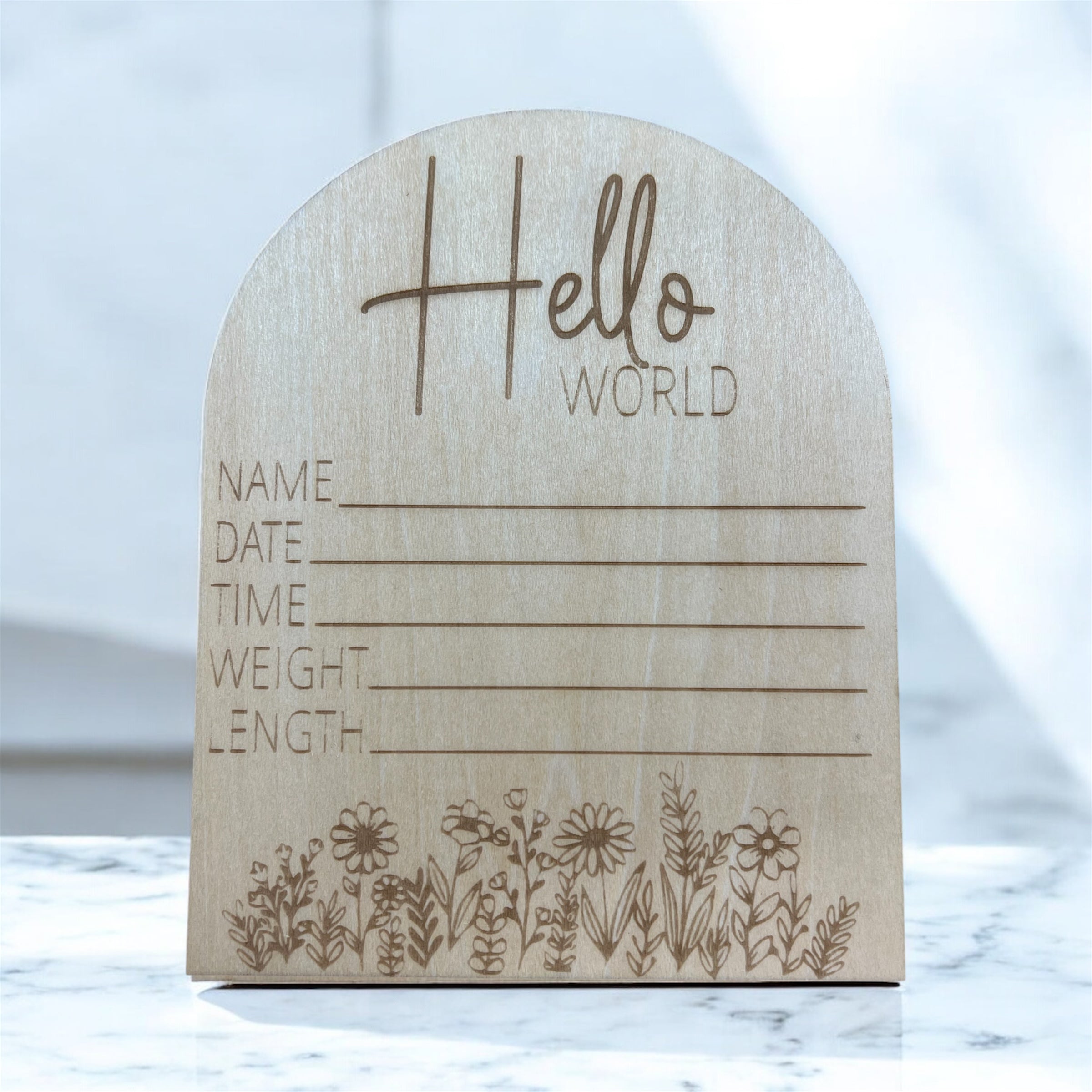 Hello World Wooden Floral Birth Announcement Plaque