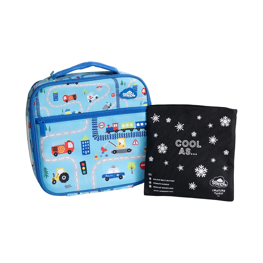 Spencil Little Cooler lunch bag with chill pack – insulated 'Tiny Town' kids’ lunch tote with silver lining, front pocket, name card slot and padded handle