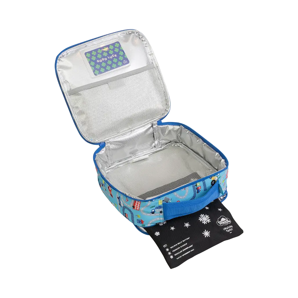 Spencil Little Cooler lunch bag with chill pack – insulated 'Tiny Town' kids’ lunch tote with silver lining, front pocket, name card slot and padded handle