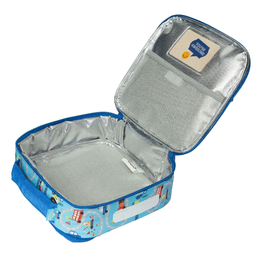 Spencil Little Cooler lunch bag with chill pack – insulated 'Tiny Town' kids’ lunch tote with silver lining, front pocket, name card slot and padded handle