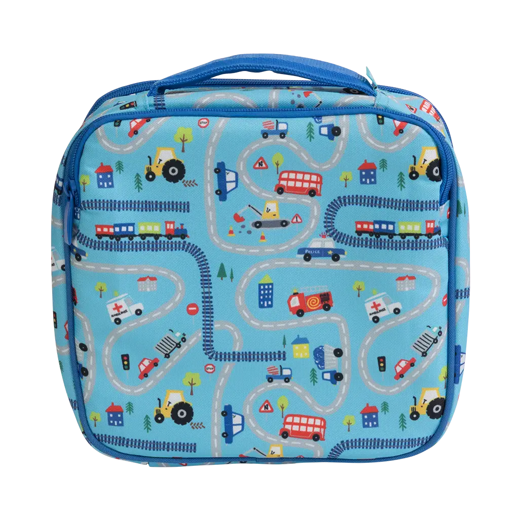 Spencil Little Cooler lunch bag with chill pack – insulated 'Tiny Town' kids’ lunch tote with silver lining, front pocket, name card slot and padded handle
