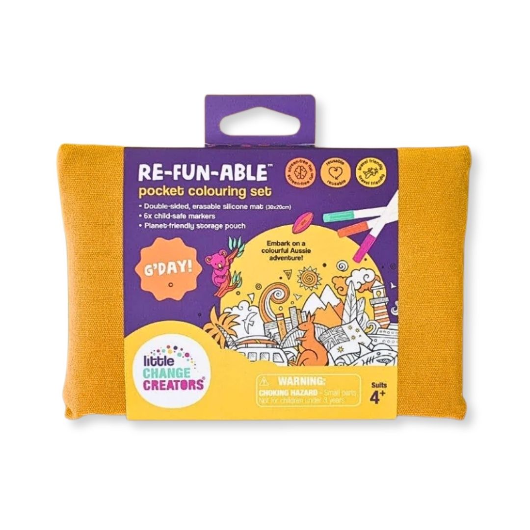G’DAY! Pocket Reusable Colouring Mat – Australian-themed wipeable silicone mat with iconic Aussie animals and landscapes, double‑sided, includes 6 non‑toxic markers and cotton storage pouch for travel-friendly creative play