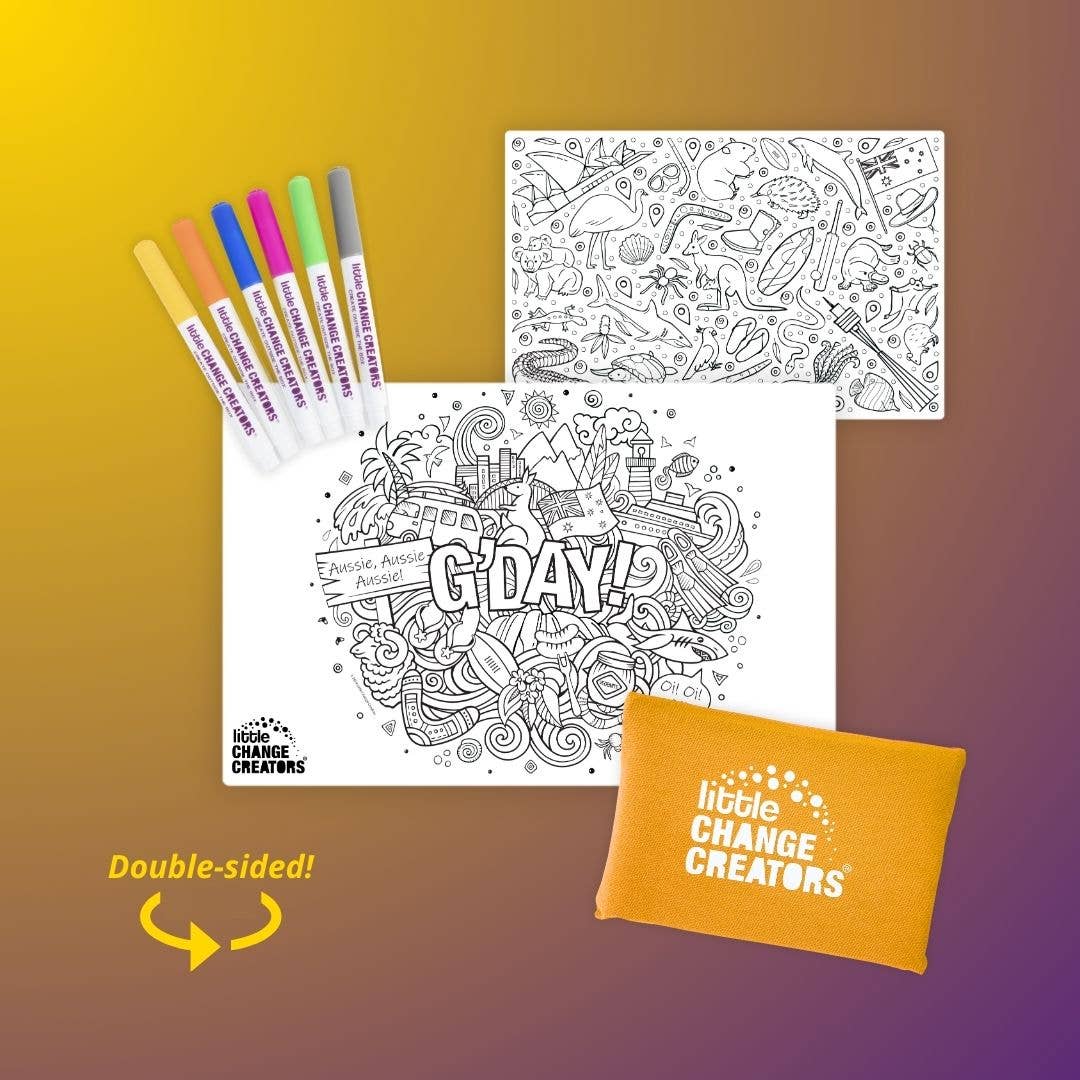 G’DAY! Pocket Reusable Colouring Mat – Australian-themed wipeable silicone mat with iconic Aussie animals and landscapes, double‑sided, includes 6 non‑toxic markers and cotton storage pouch for travel-friendly creative play