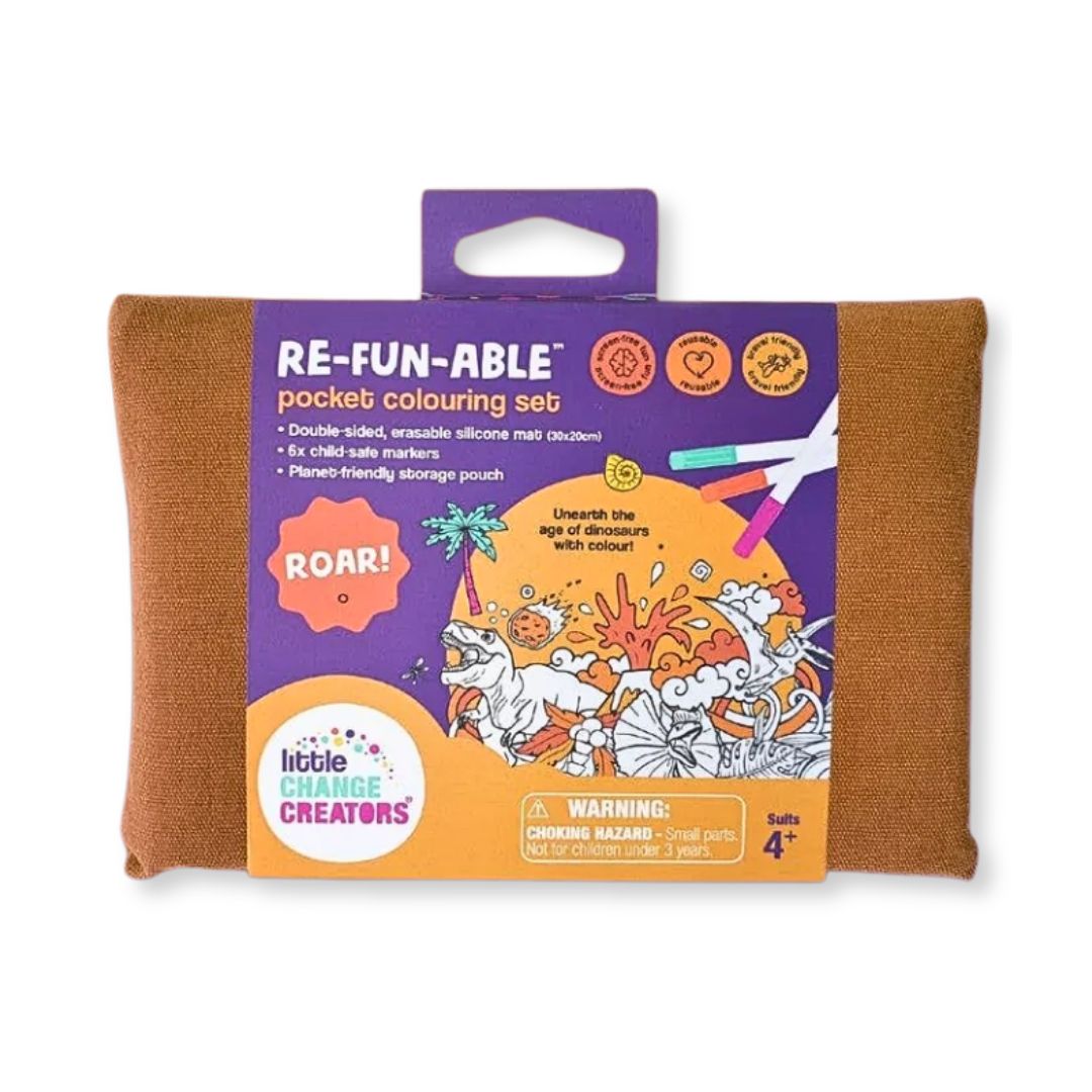 ROAR! Pocket Reusable Colouring Mat by Little Change Creators – compact dinosaur‑themed double‑sided silicone mat (30 × 20 cm) with 6 non‑toxic markers and fabric pouch for travel‑friendly, mess‑free creative play