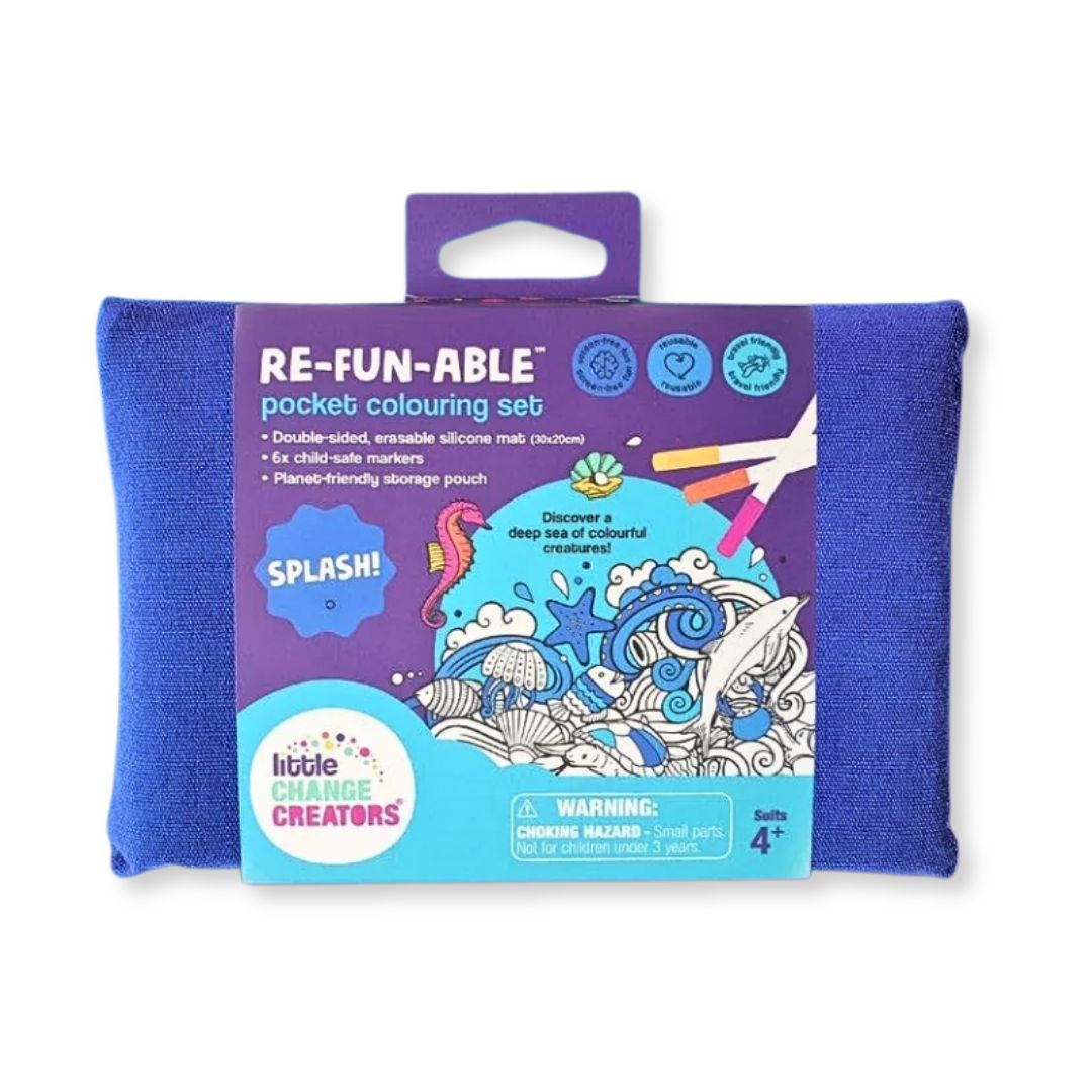 G’DAY! Pocket Reusable Colouring Mat – Australian-themed wipeable silicone mat with iconic Sealife animals and landscapes, double‑sided, includes 6 non‑toxic markers and cotton storage pouch for travel-friendly creative play