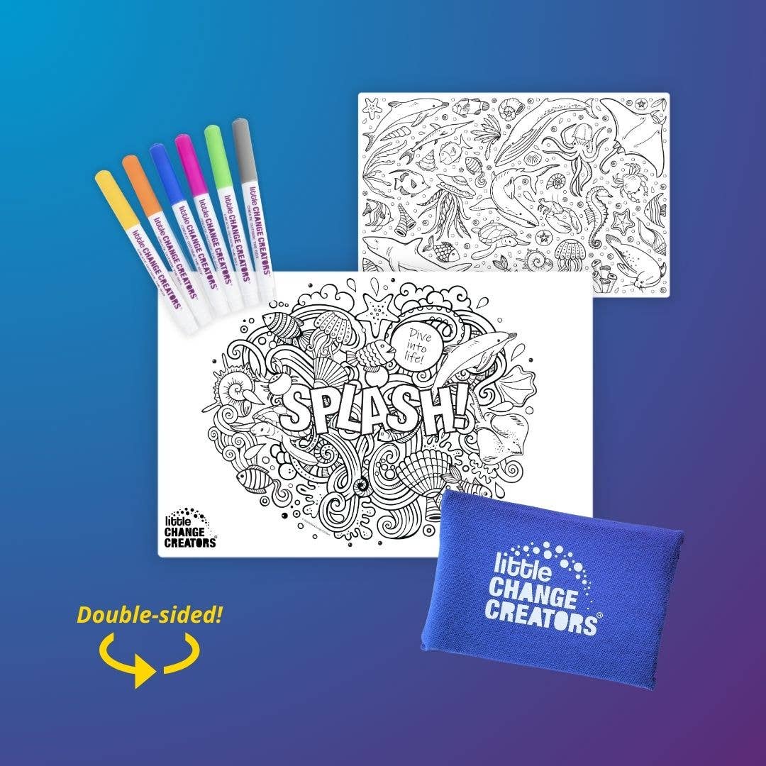 G’DAY! Pocket Reusable Colouring Mat – Australian-themed wipeable silicone mat with iconic Sealife animals and landscapes, double‑sided, includes 6 non‑toxic markers and cotton storage pouch for travel-friendly creative play