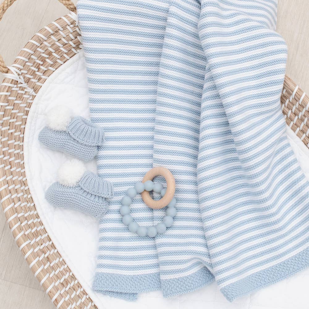 Living Textiles 100% cotton pearl‑knit stripe blanket in blue and white – lightweight, breathable baby pram and bassinet throw (75 × 85 cm), machine‑washable and tumble‑dry safe