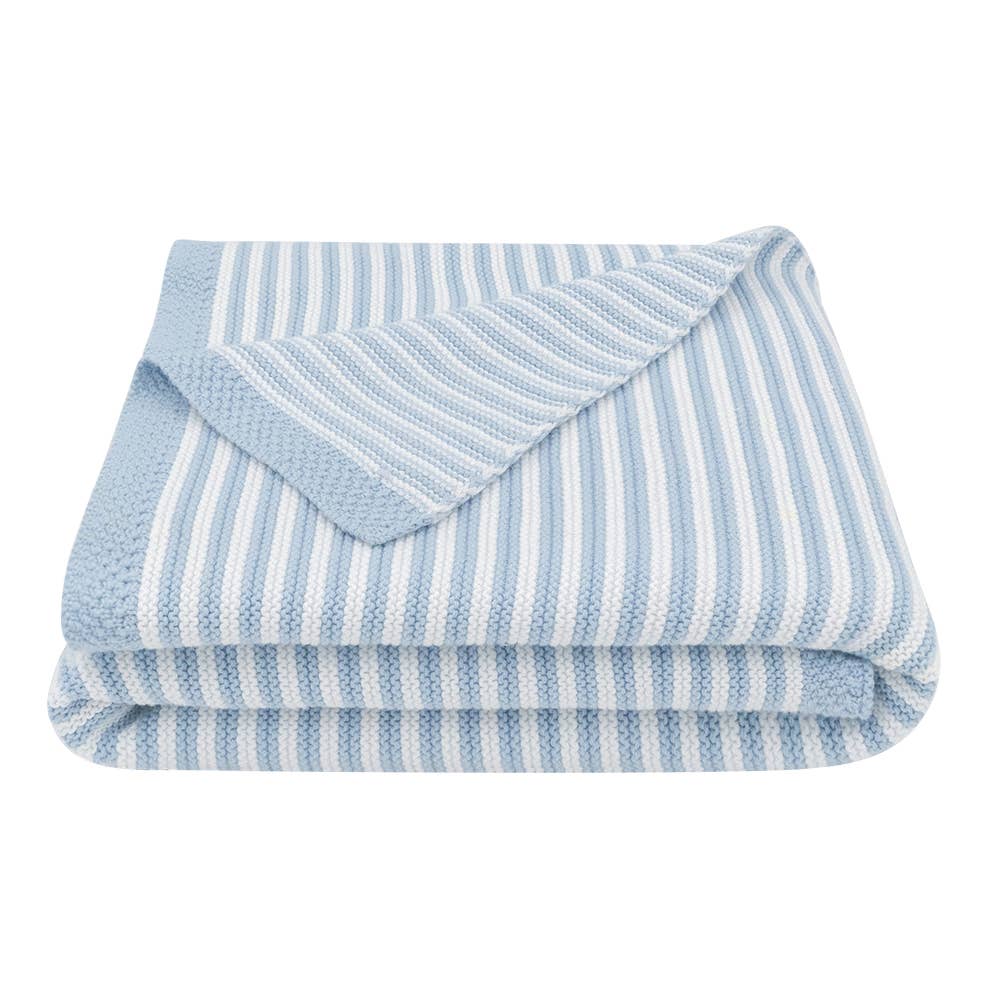 Living Textiles 100% cotton pearl‑knit stripe blanket in blue and white – lightweight, breathable baby pram and bassinet throw (75 × 85 cm), machine‑washable and tumble‑dry safe