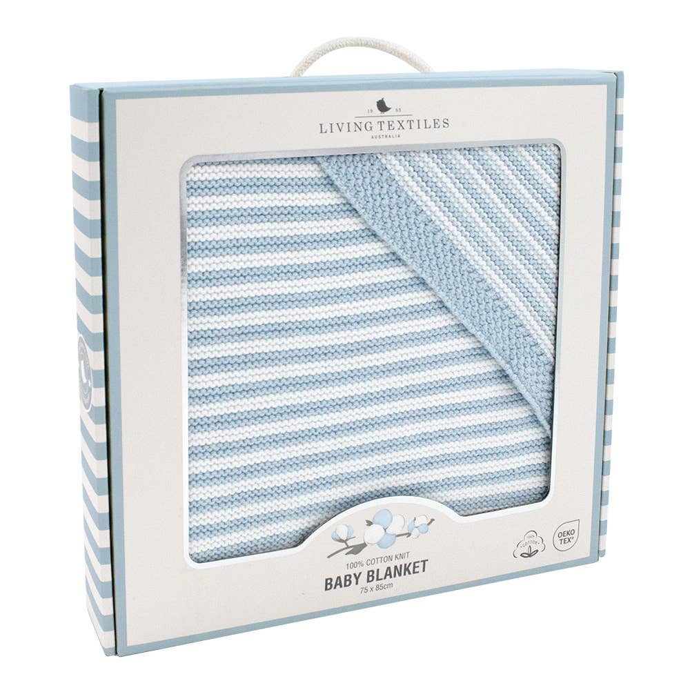 Living Textiles 100% cotton pearl‑knit stripe blanket in blue and white – lightweight, breathable baby pram and bassinet throw (75 × 85 cm), machine‑washable and tumble‑dry safe