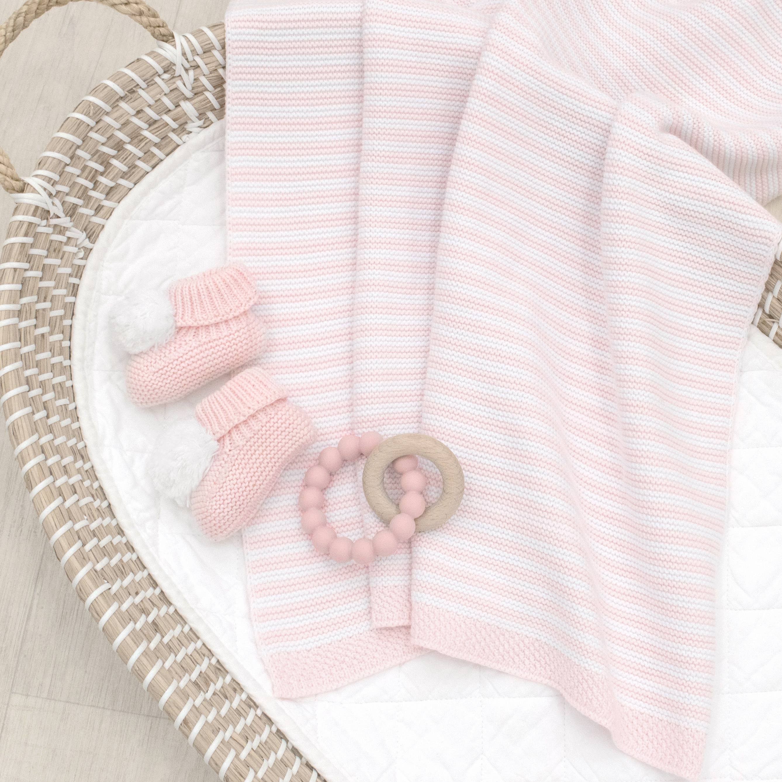 Living Textiles 100% cotton pearl‑knit stripe blanket in blush and white – lightweight, breathable baby pram and bassinet throw (75 × 85 cm), machine‑washable and tumble‑dry safe