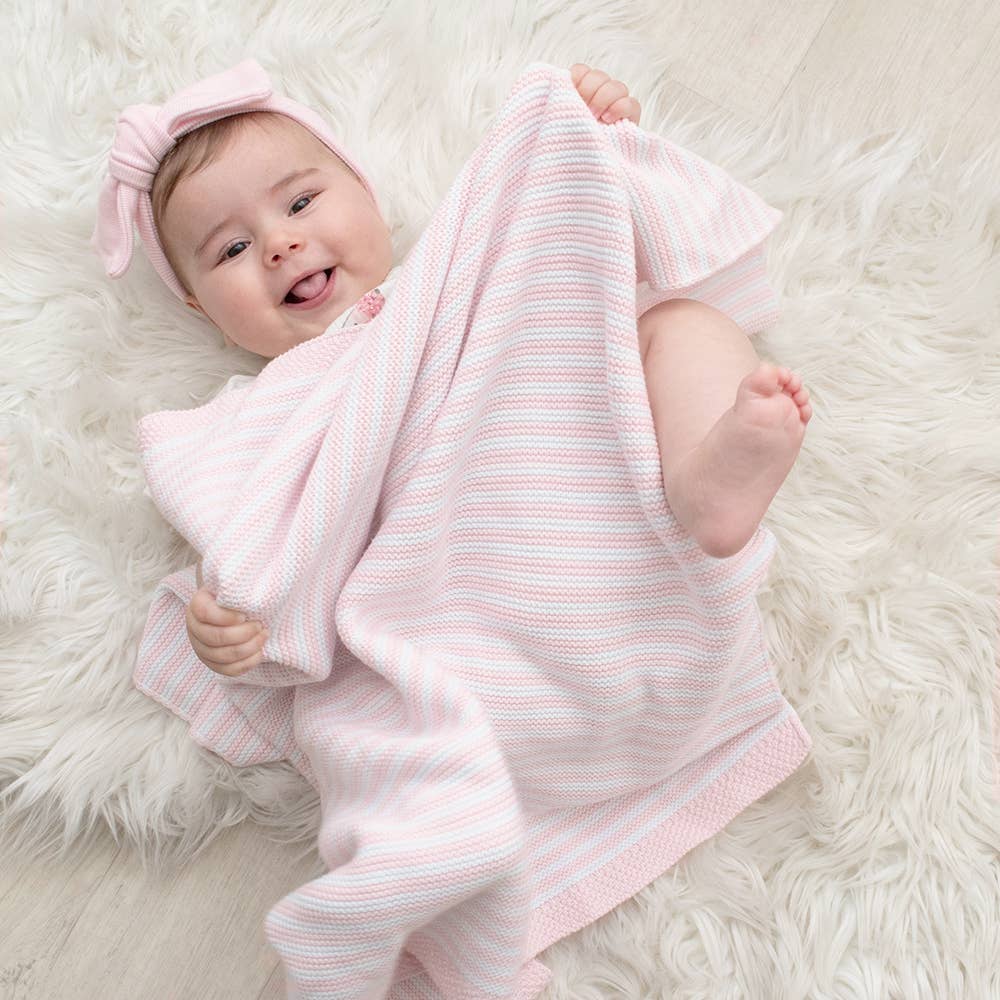 Living Textiles 100% cotton pearl‑knit stripe blanket in blush and white – lightweight, breathable baby pram and bassinet throw (75 × 85 cm), machine‑washable and tumble‑dry safe