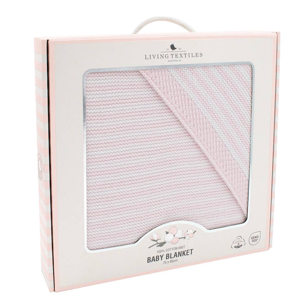 Living Textiles 100% cotton pearl‑knit stripe blanket in blush and white – lightweight, breathable baby pram and bassinet throw (75 × 85 cm), machine‑washable and tumble‑dry safe