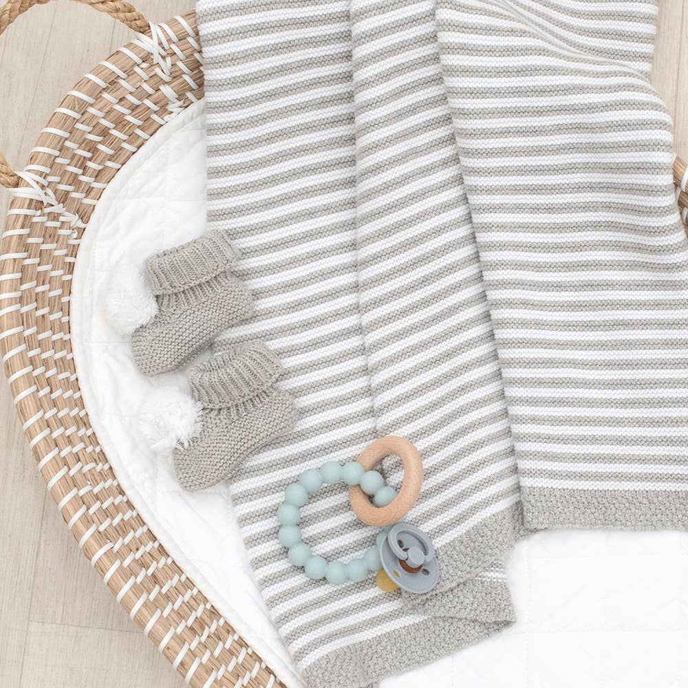 Living Textiles 100% cotton pearl‑knit stripe blanket in grey and white – lightweight, breathable baby pram and bassinet throw (75 × 85 cm), machine‑washable and tumble‑dry safe