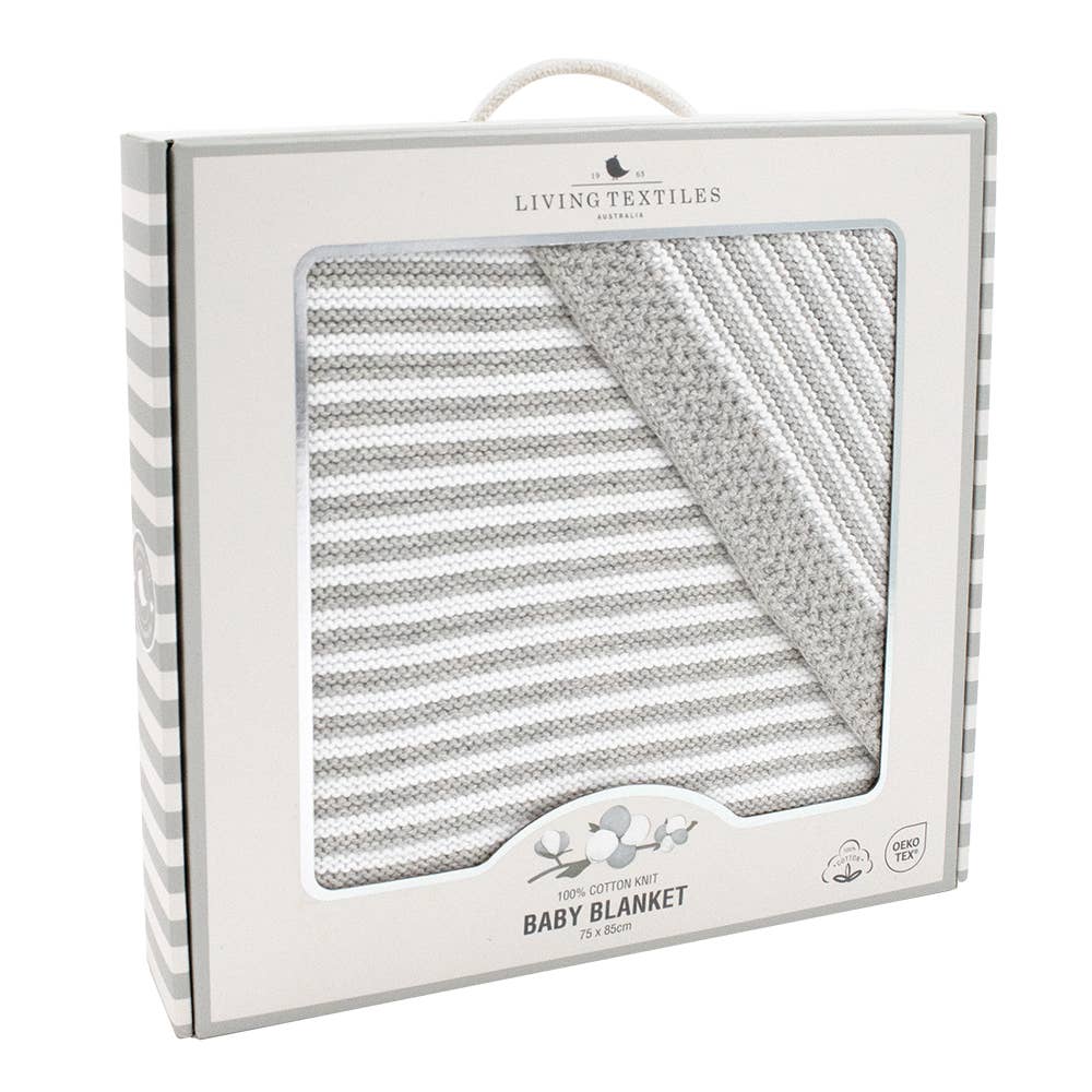 Living Textiles 100% cotton pearl‑knit stripe blanket in grey and white – lightweight, breathable baby pram and bassinet throw (75 × 85 cm), machine‑washable and tumble‑dry safe