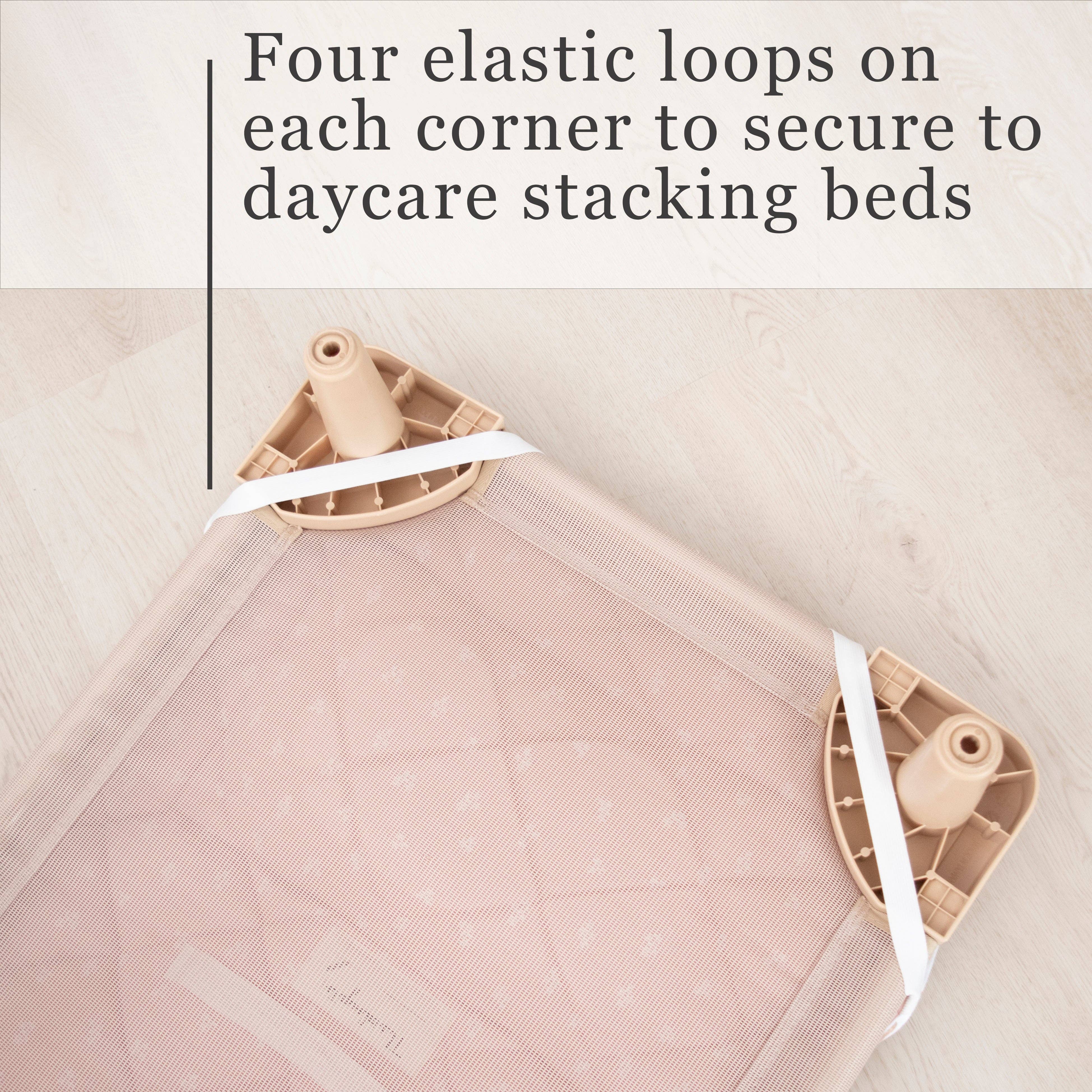 Living Textiles Deluxe Nap Mat – design on sage‑tone organic cotton jersey with built‑in pillow and blanket, quilted base, four elastic loops for daycare stacker beds, carry handle and name label