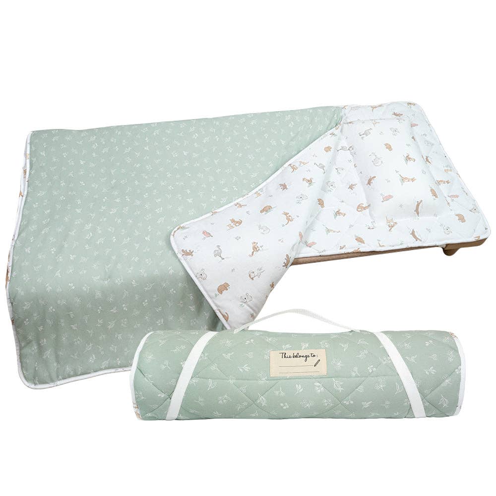 Living Textiles Deluxe Nap Mat – Australiana design on sage‑tone organic cotton jersey with built‑in pillow and blanket, quilted base, four elastic loops for daycare stacker beds, carry handle and name label