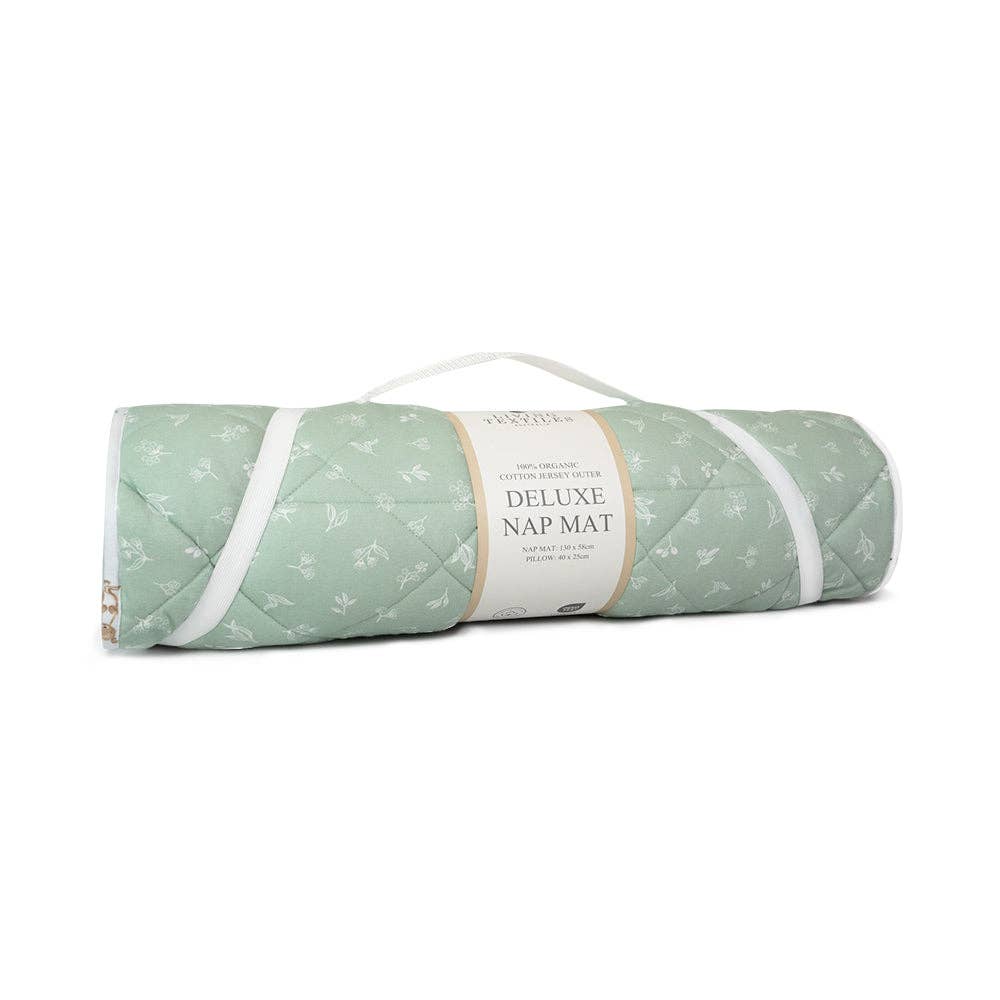 Living Textiles Deluxe Nap Mat – Australiana design on sage‑tone organic cotton jersey with built‑in pillow and blanket, quilted base, four elastic loops for daycare stacker beds, carry handle and name label