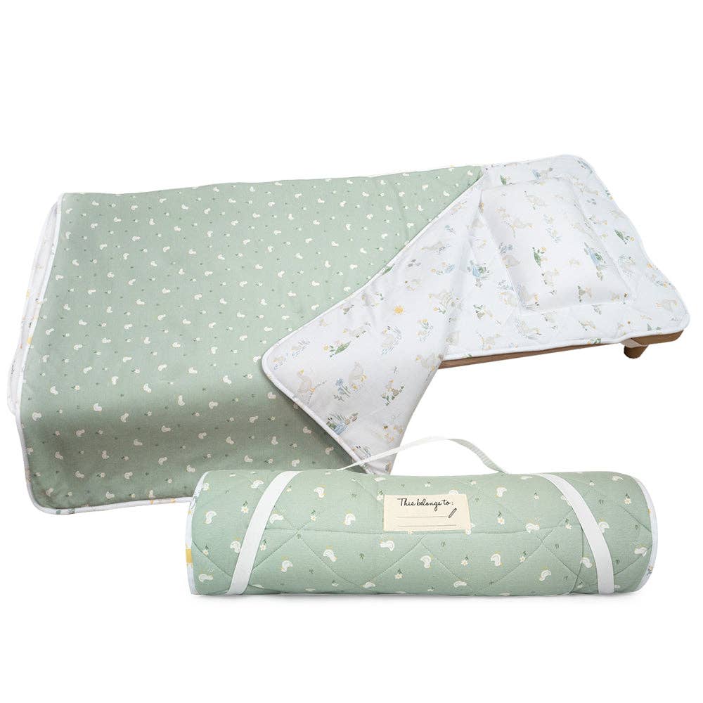 Living Textiles Deluxe Nap Mat – Goosey Goosey design on sage‑tone organic cotton jersey with built‑in pillow and blanket, quilted base, four elastic loops for daycare stacker beds, carry handle and name label