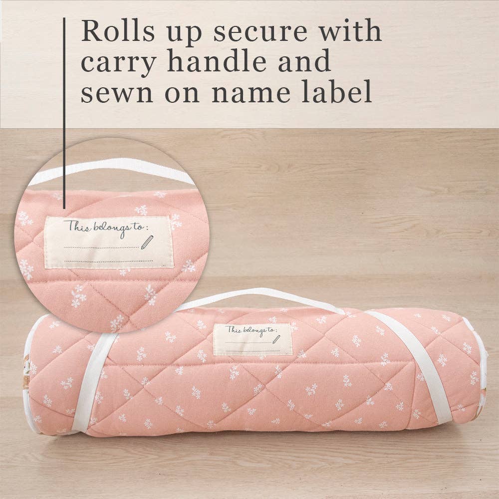 Living Textiles Deluxe Nap Mat – Sophia Garden design on sage‑tone organic cotton jersey with built‑in pillow and blanket, quilted base, four elastic loops for daycare stacker beds, carry handle and name label
